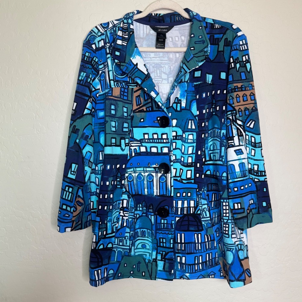 Ali Miles Womens Cotton Blend Jacket Large Blue Cityscape Art to Wear Lagenlook